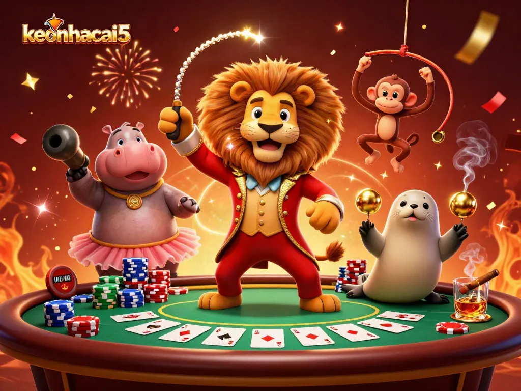 Engage with keonhacai5 through an exciting 3D illustration showcasing a dynamic circus-themed casino scene.