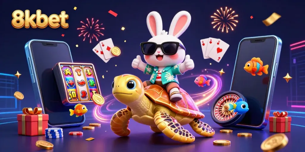 Experience thrilling gaming action with 8xbet's vibrant promotion featuring a lucky rabbit and sea turtle!