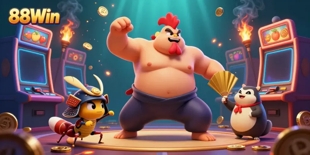 Experience thrilling gameplay at 88Win, featuring a powerful sumo wrestler amidst vibrant casino elements like slot machines and glowing coins.