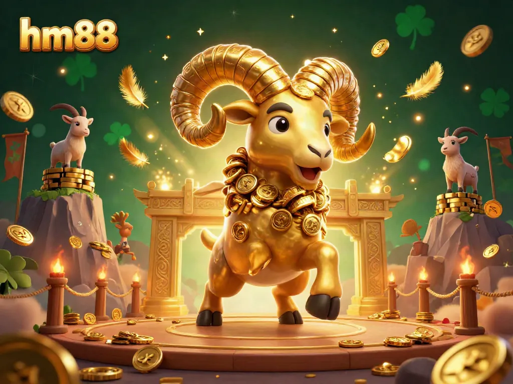 Feel the thrill with hm88 as a golden ram bursts through a stunning casino environment, surrounded by dynamic game elements.
