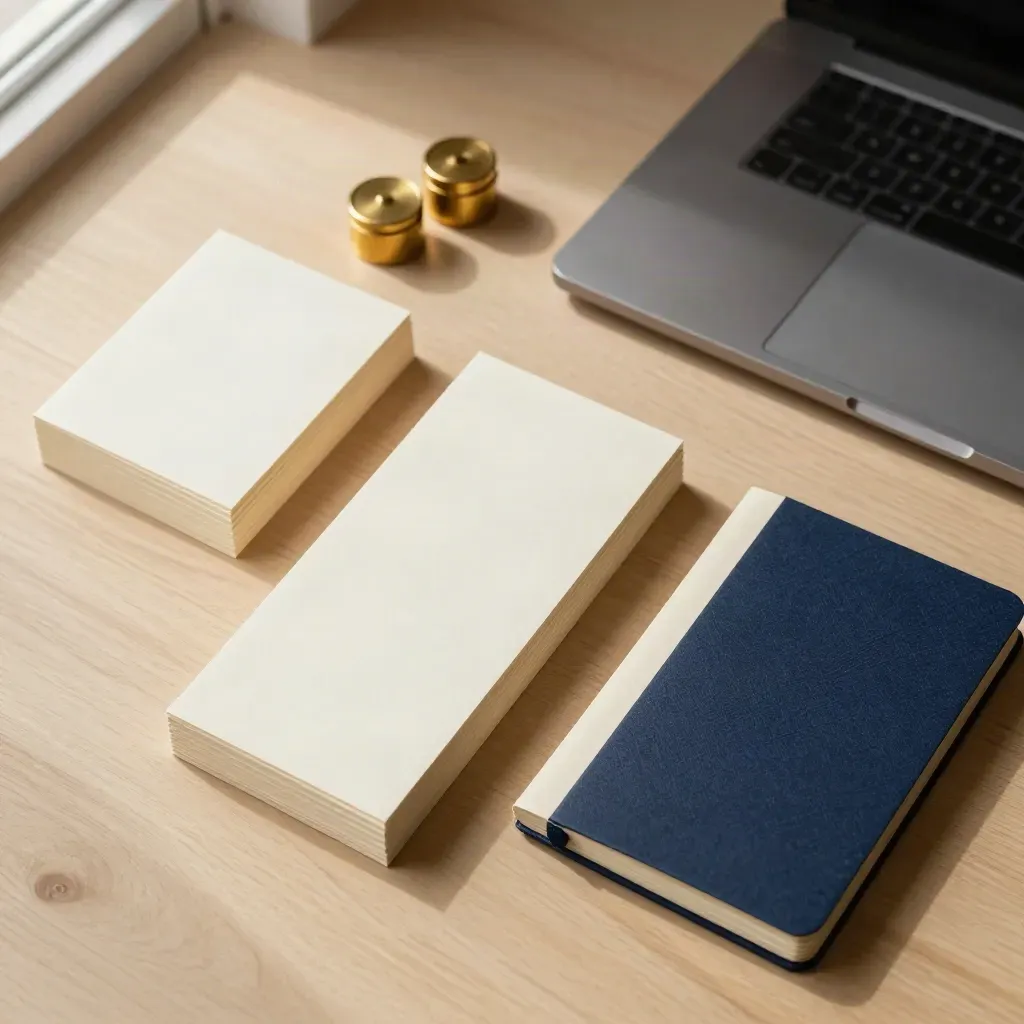Overhead planning spread with blank cards, brass tokens, a closed laptop and linen folder.