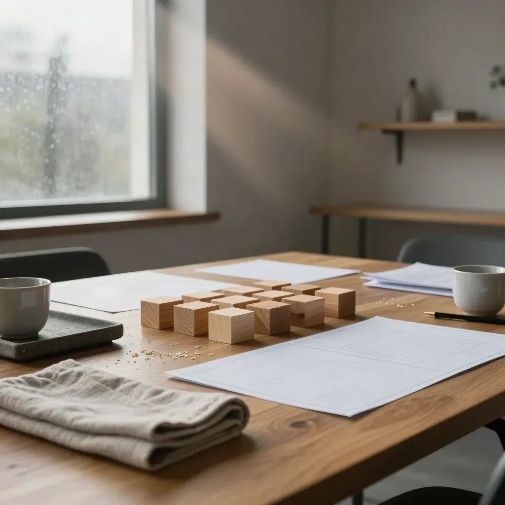 Rain-fresh strategy workshop table in a warm oak room with planning blocks and cups