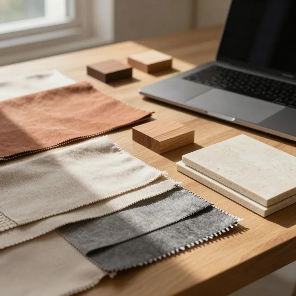 Fabric swatches, wooden blocks, closed laptop and linen folder on brushed stone in warm daylight.