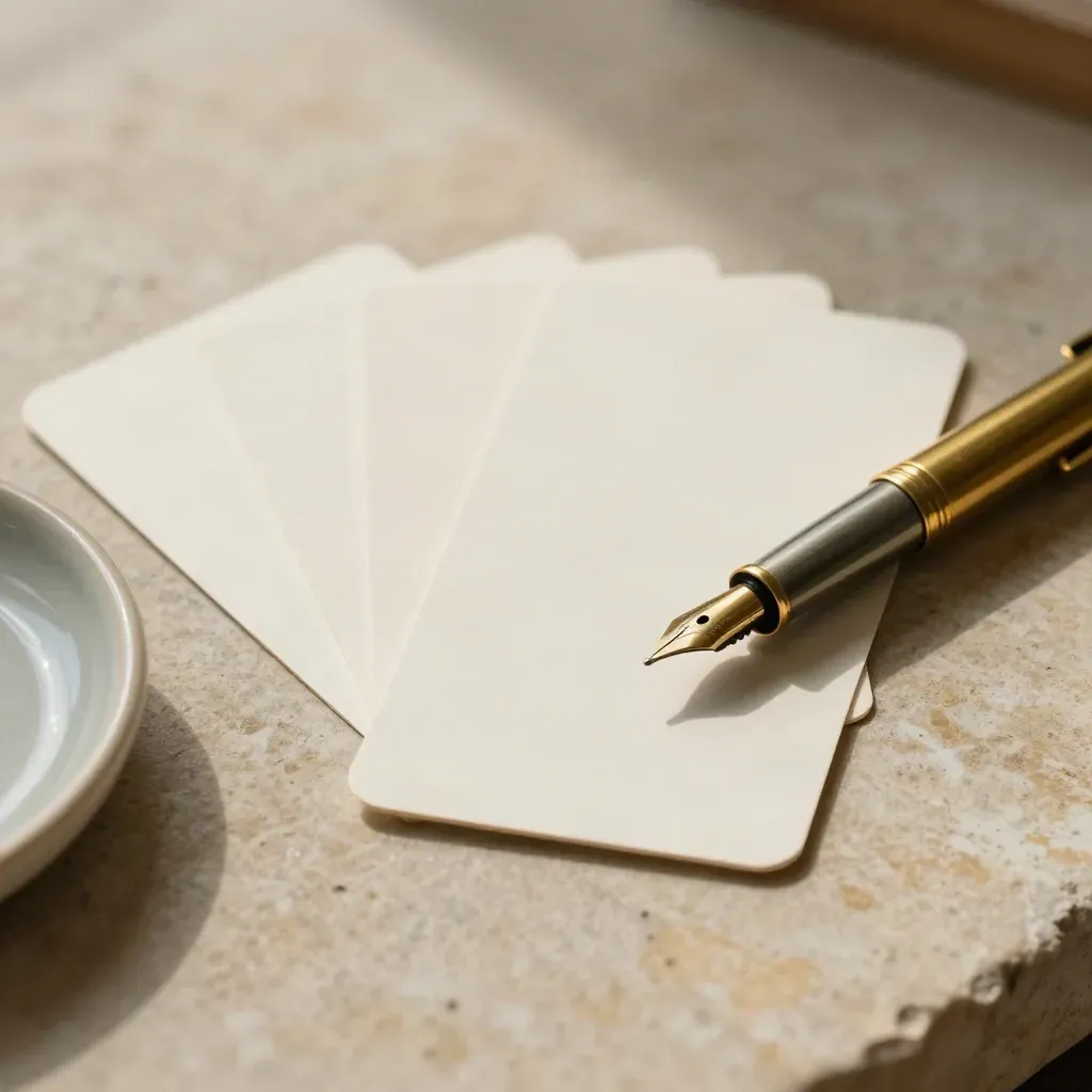 Brass pen, index cards, and ceramic dish on pale stone, one card moved aside.