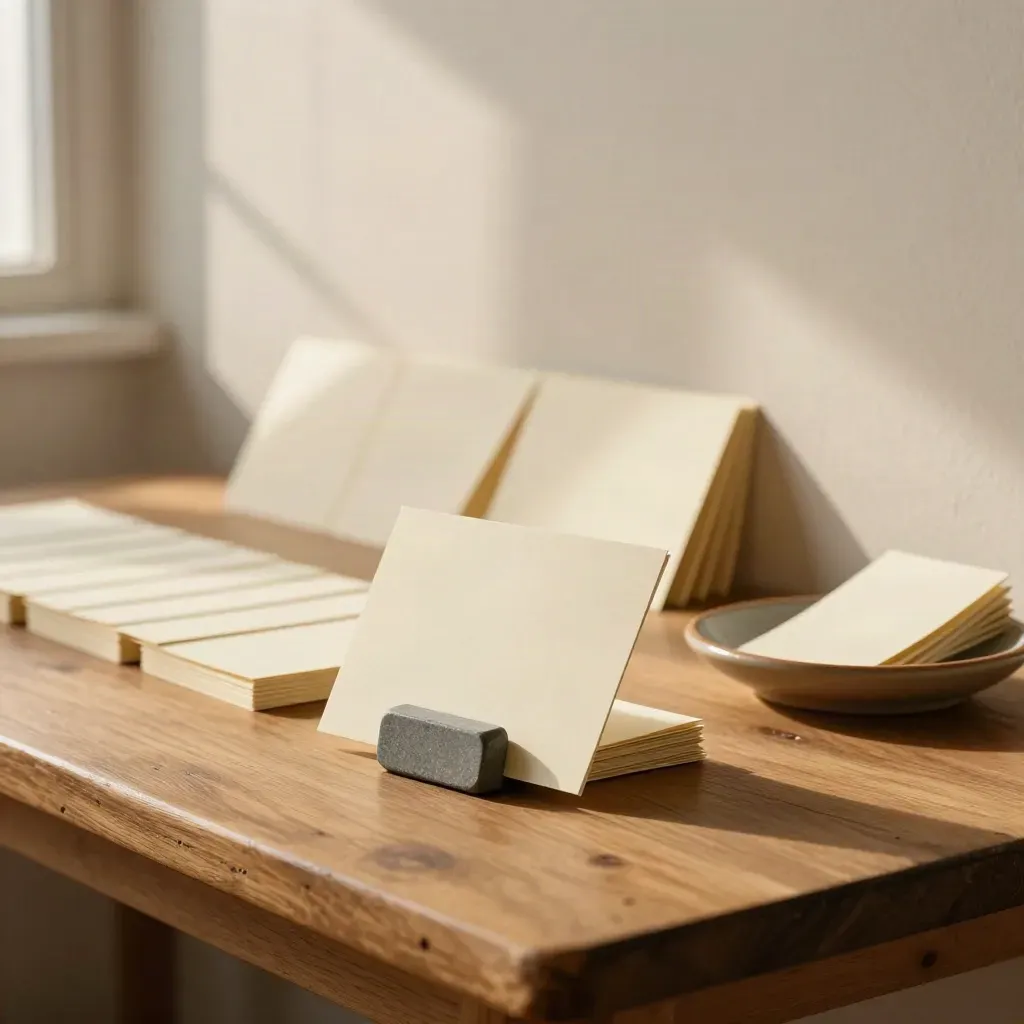 Tense workflow cards, a misaligned stack, stone paperweight and ceramic dish in warm late-afternoon light.