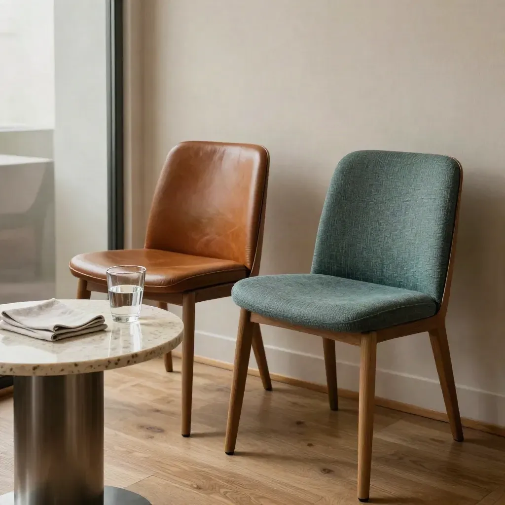 Empty consulting corner with mismatched chairs, water glass and napkin, lit by soft window glow.