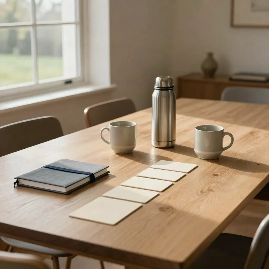Oak planning table with thermos, mugs, blank cards and notebook in warm window light.