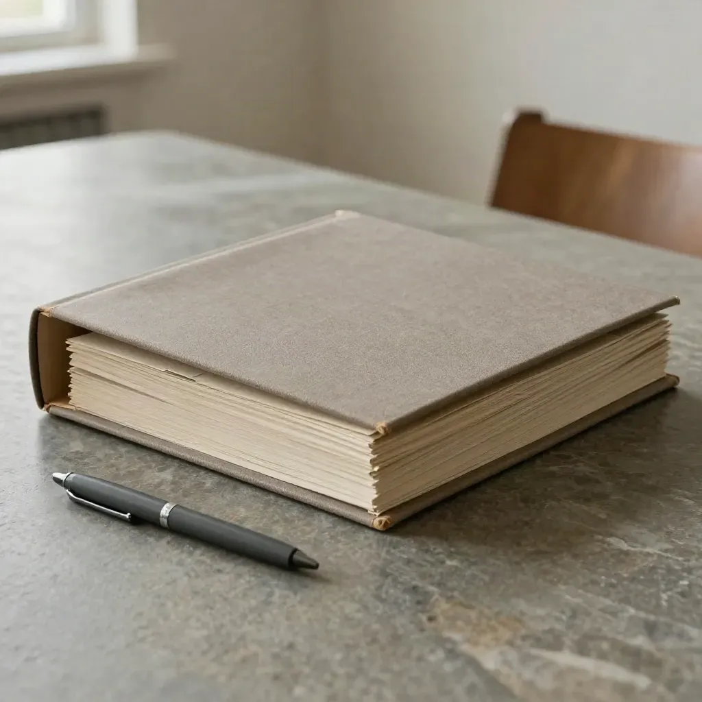 Board pack binder, folder stack and pen on stone table in a calm advisory room.
