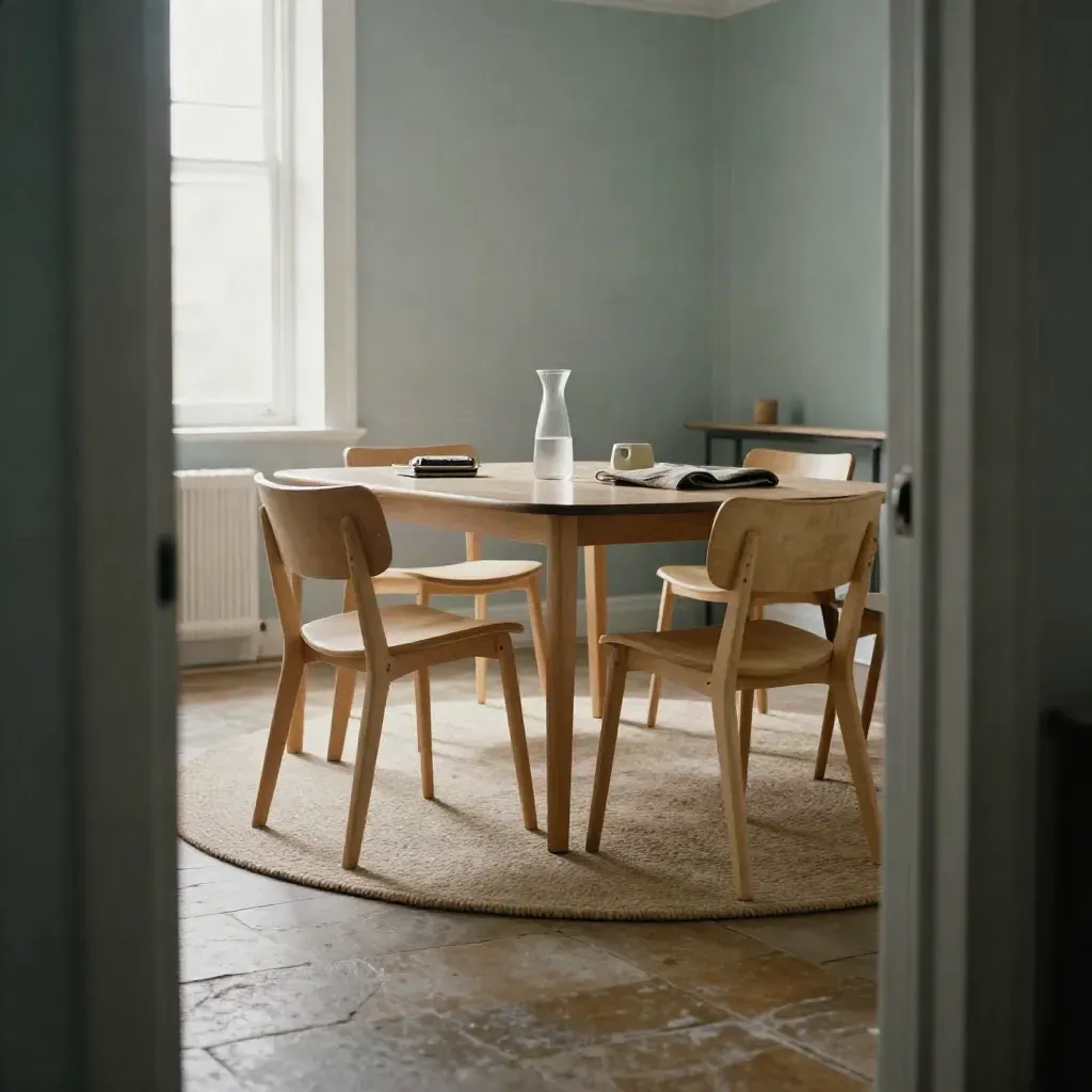 Meeting room chairs reform around a rug with a carafe and timer in warm daylight.