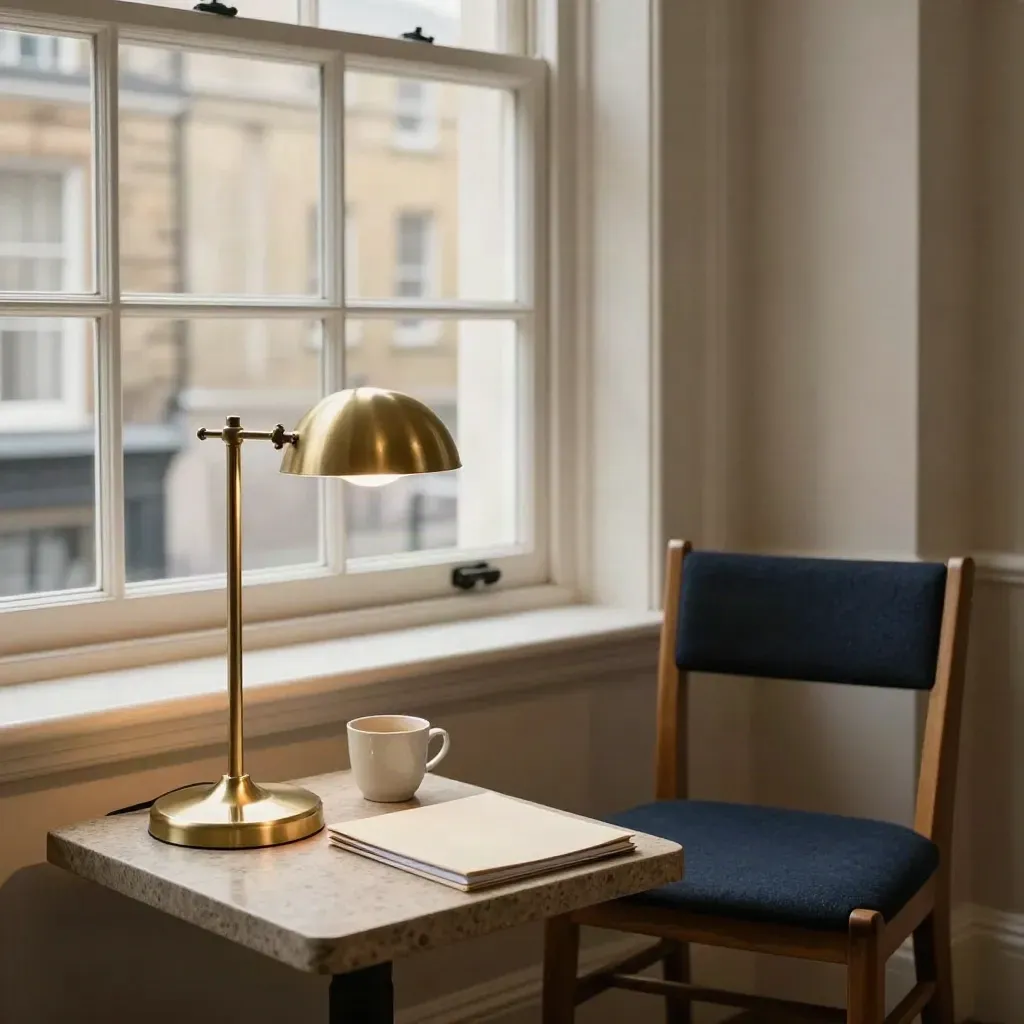 London clinic room with chair, brass lamp, stone table and hazy tall window