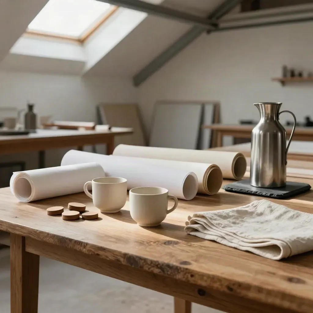 Warm workshop table laid out with rolled plans, cups and wooden tokens in a skylit warehouse.