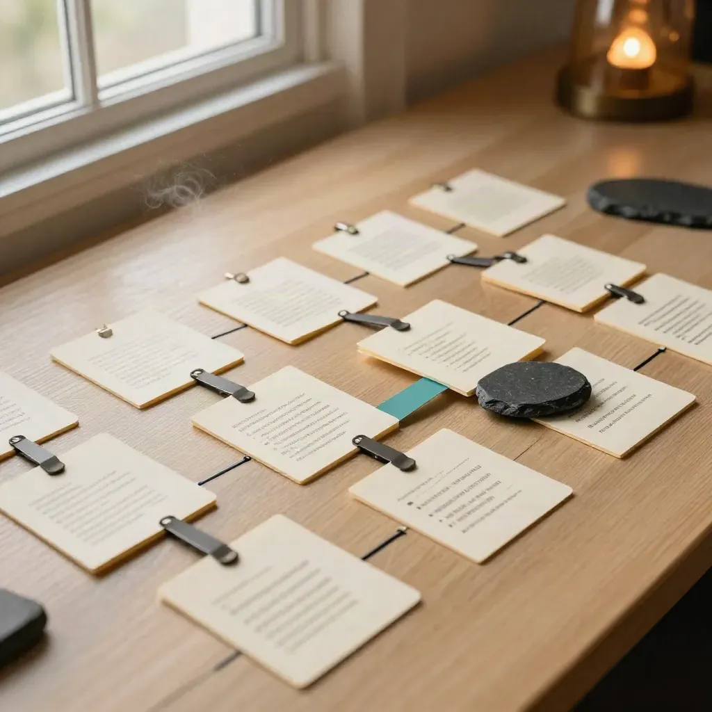 Process-map cards linked by clips on pale wood with a small stone weight