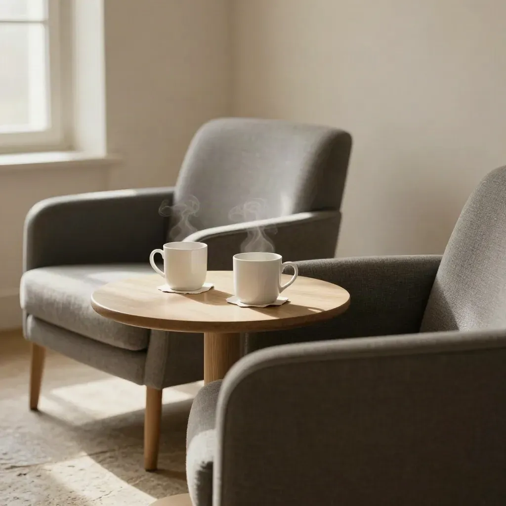 Two chairs, two mugs, and a small round table in a quiet plaster-walled meeting room.