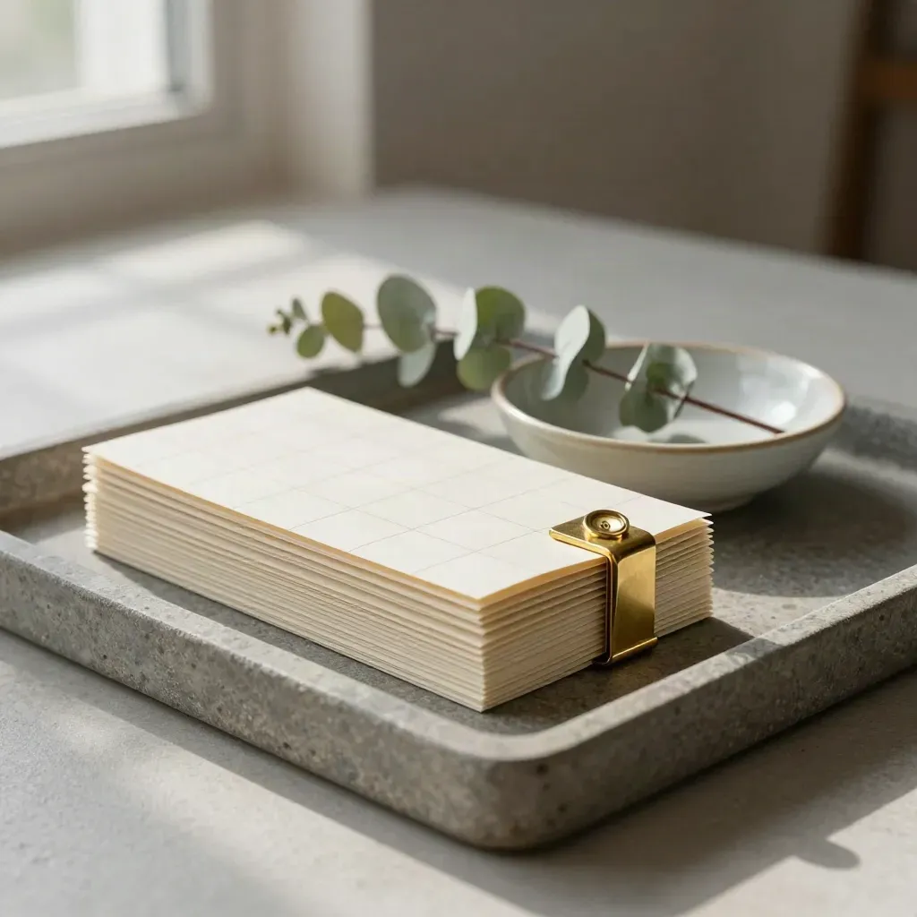 Planning tray with folded cards, brass clip, ceramic dish and plant cutting on stone