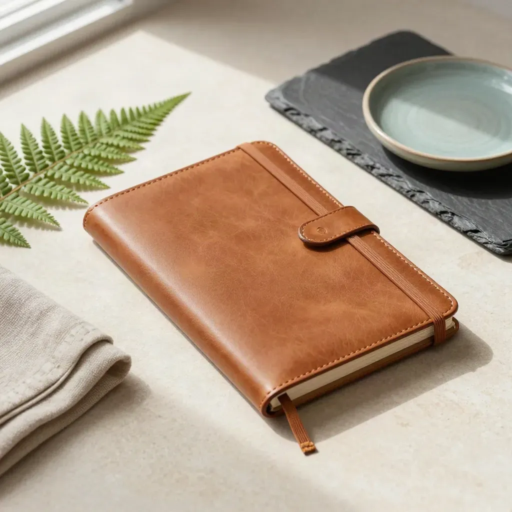 Closed leather notebook with fern, slate cloth and ceramic dish on stone, overhead flatlay.