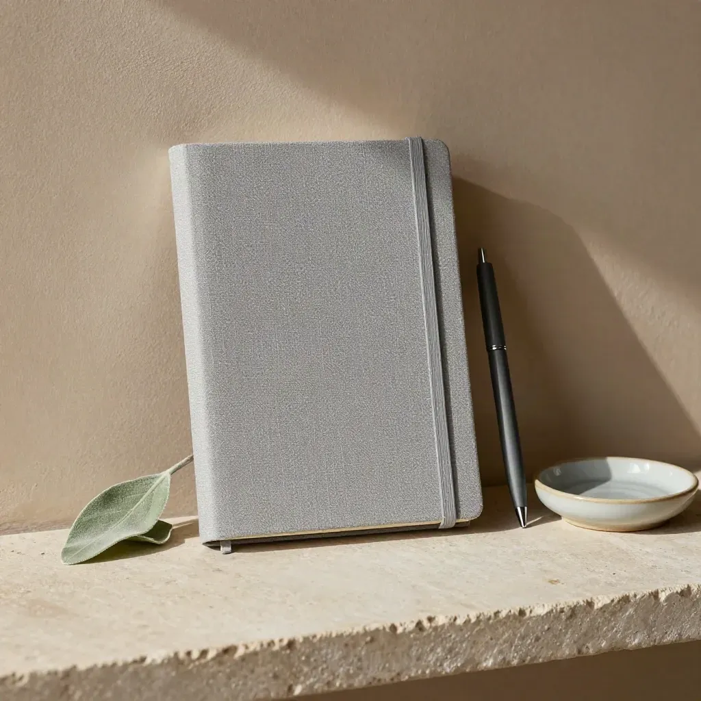 Slim notebook, matte pen, ceramic dish and a soft leaf on a pale stone shelf.