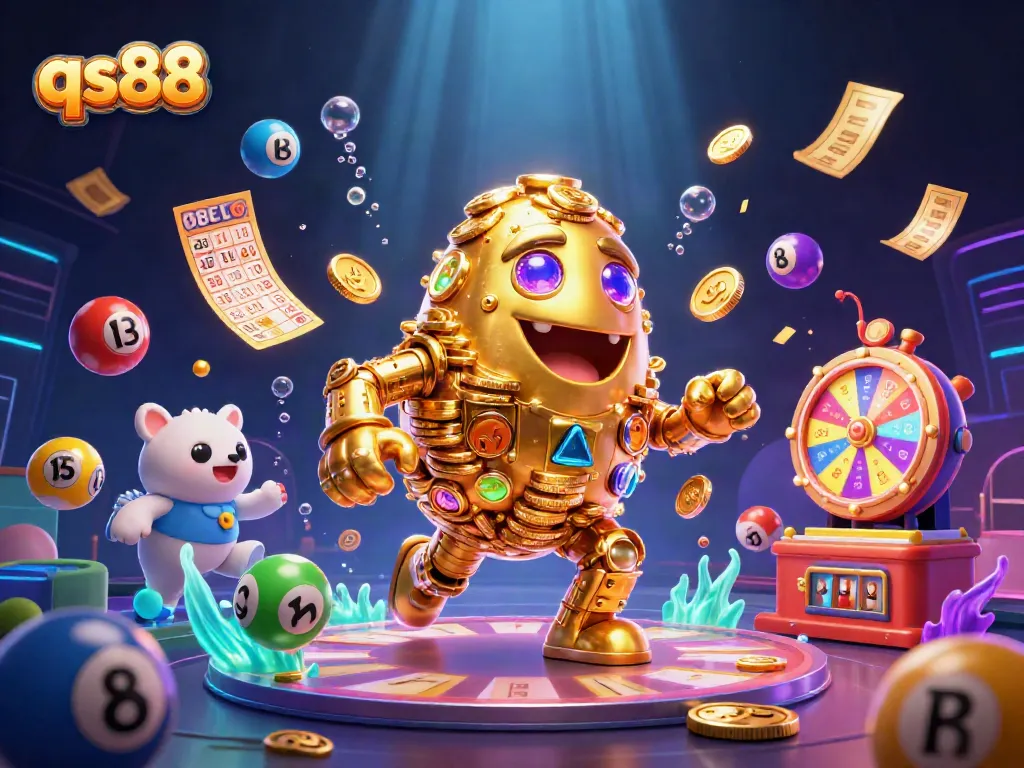 Experience thrilling gaming at qs88 with a vibrant 3D cartoon gold golem among lively lottery elements.