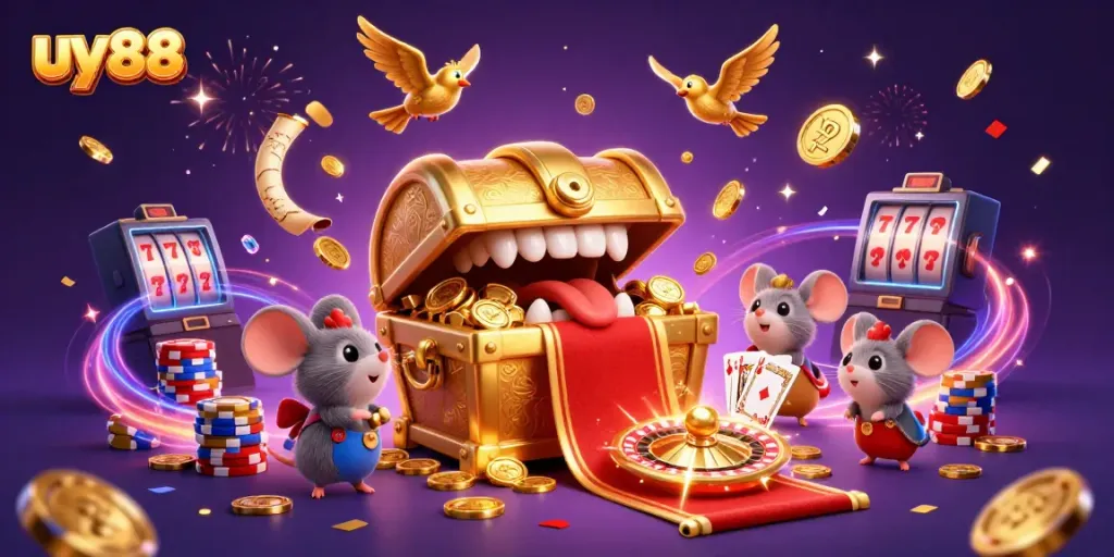 Engage with uy88's thrilling gaming experience, featuring a cartoon chest filled with treasures and games.