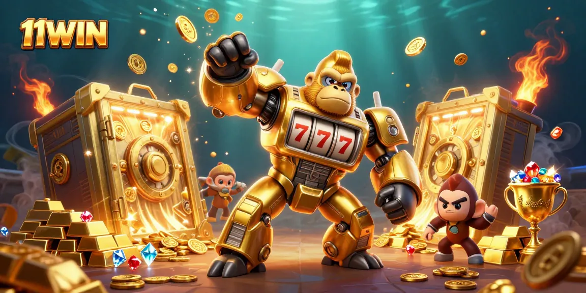 Engage with the thrill of winning at 11WIN's vibrant casino, featuring a golden mech and treasure.