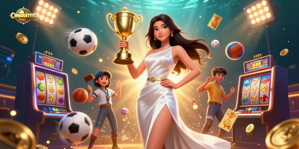 CEMARATOTO celebrates winning at the slots with a stunning Asian woman holding a trophy in a vibrant casino atmosphere.