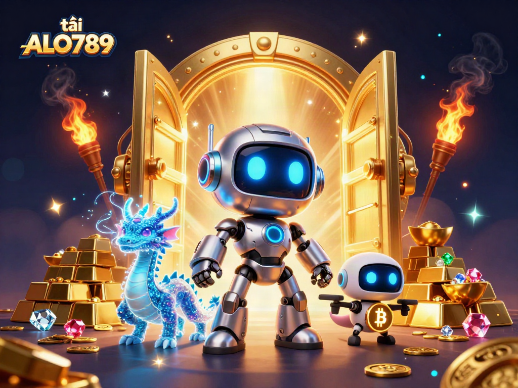 Engage in thrilling gaming with tải ALO789 alongside vibrant gaming characters and treasure elements.