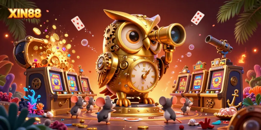 Engage with the immersive XIN88 casino experience featuring golden owl and vibrant game elements in 3D illustration.