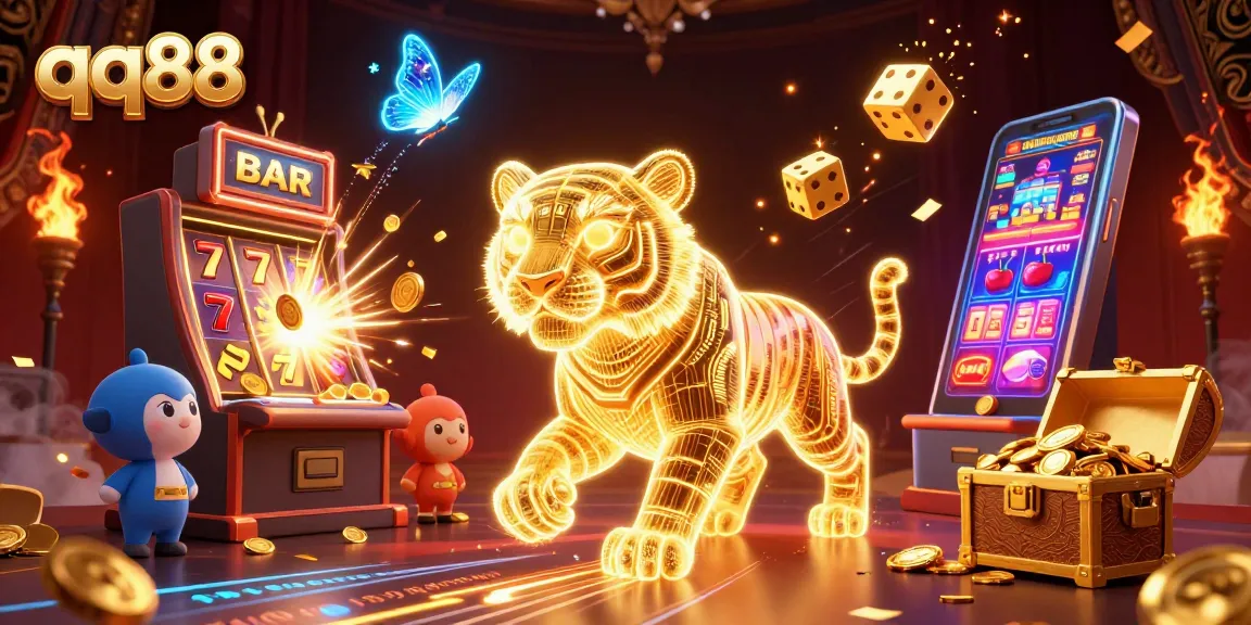 Experience exciting jackpots at qq88 with a neon tiger and vibrant casino elements.