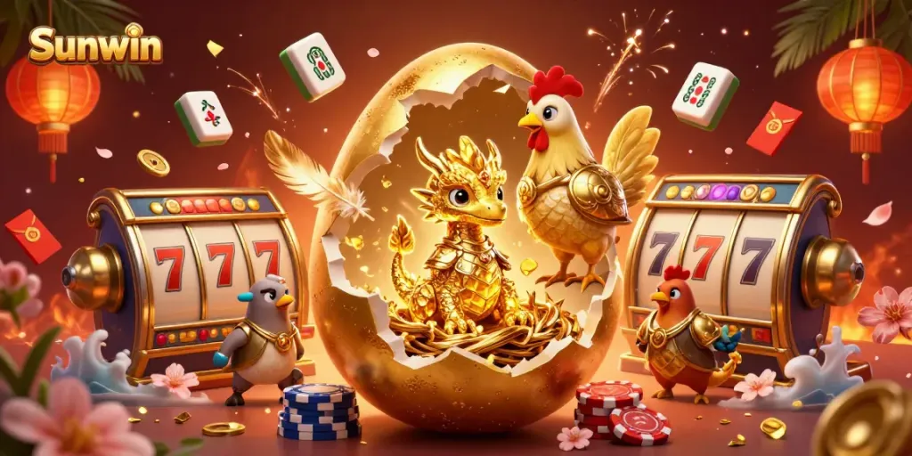 Experience the excitement of Sunwin with a golden dragon and casino elements bursting with energy.