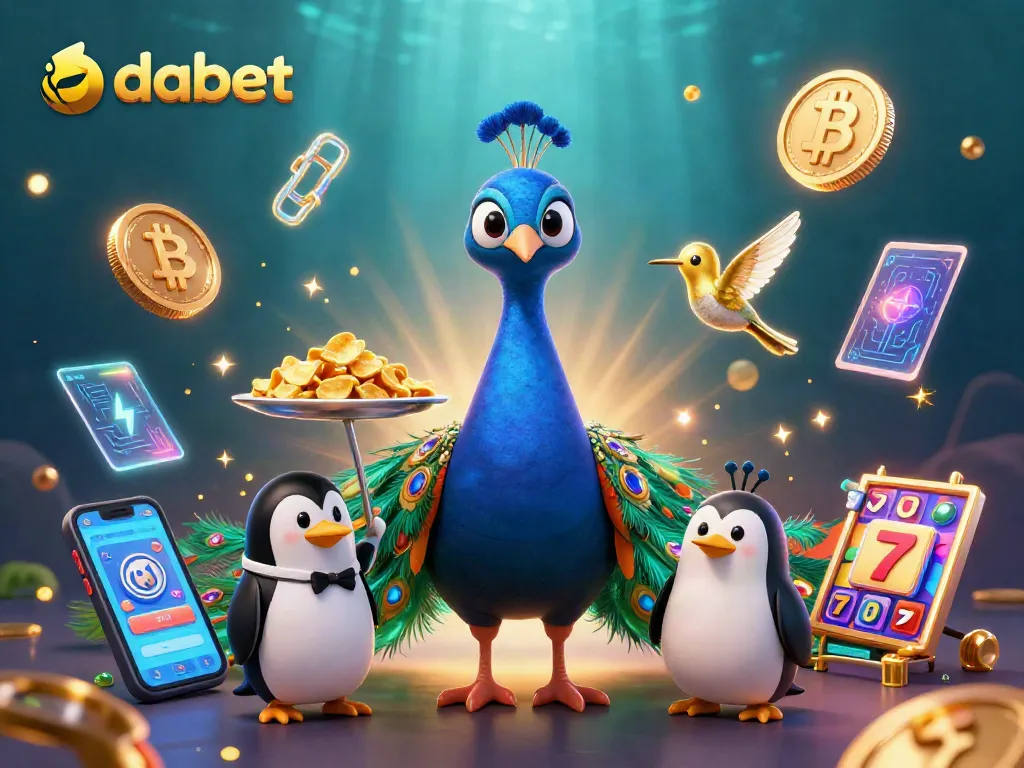 Dabet showcases vibrant slots and cryptocurrency elements in a colorful 3D casino illustration.