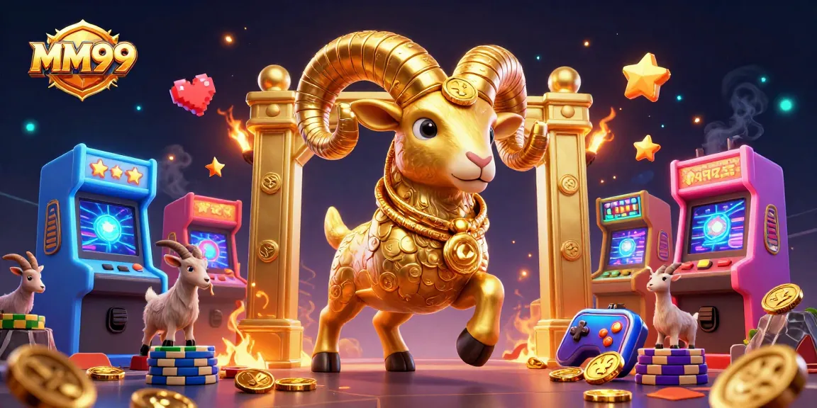 Experience the dynamic world of MM99 casino with a golden ram charging towards a golden gate surrounded by arcade game elements.