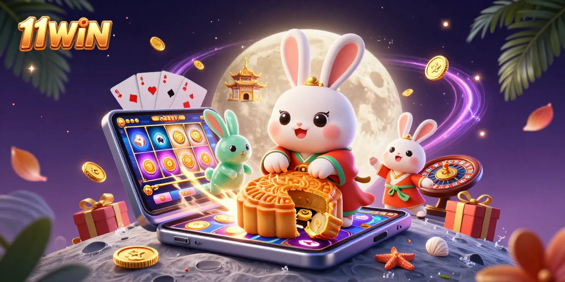 Join the lunar adventure with 11WIN as a moon rabbit reveals poker chips inside mooncakes in this vibrant scene.