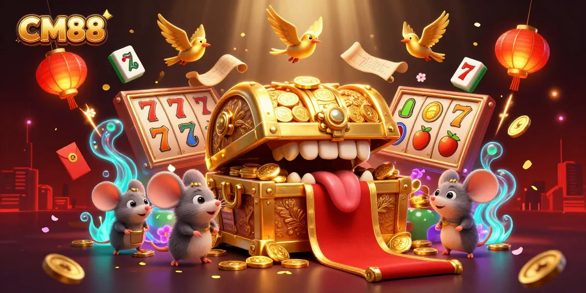 Win big at CM88 casino with an exciting 3D treasure scene full of slot reels and golden characters.