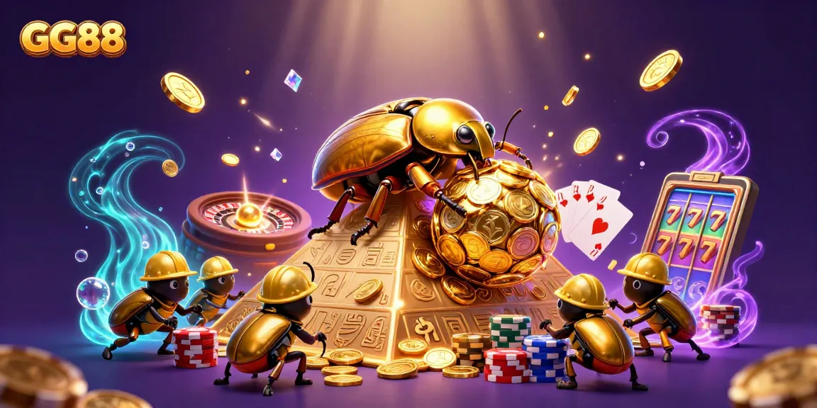 GG88 engages players with a vibrant scene of golden beetles rolling coins amidst casino symbols, reflecting excitement.