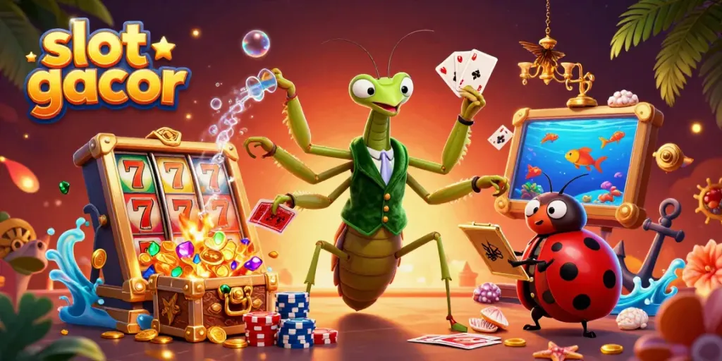 Karakter slot gacor sedang berinteraksi di kasino dengan slot gulungan yang berputar dan tumpukan koin emas di sekelilingnya.