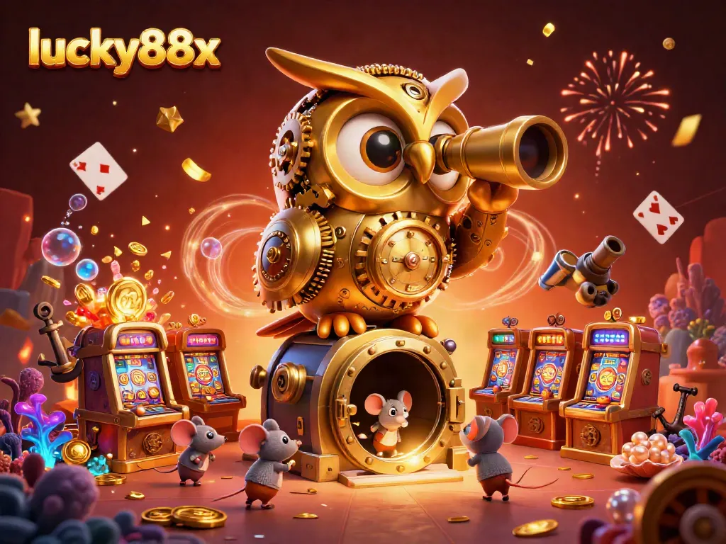 Engage with the exciting atmosphere at lucky88x, featuring a vibrant 3D casino scene with gold treasures and animated characters.