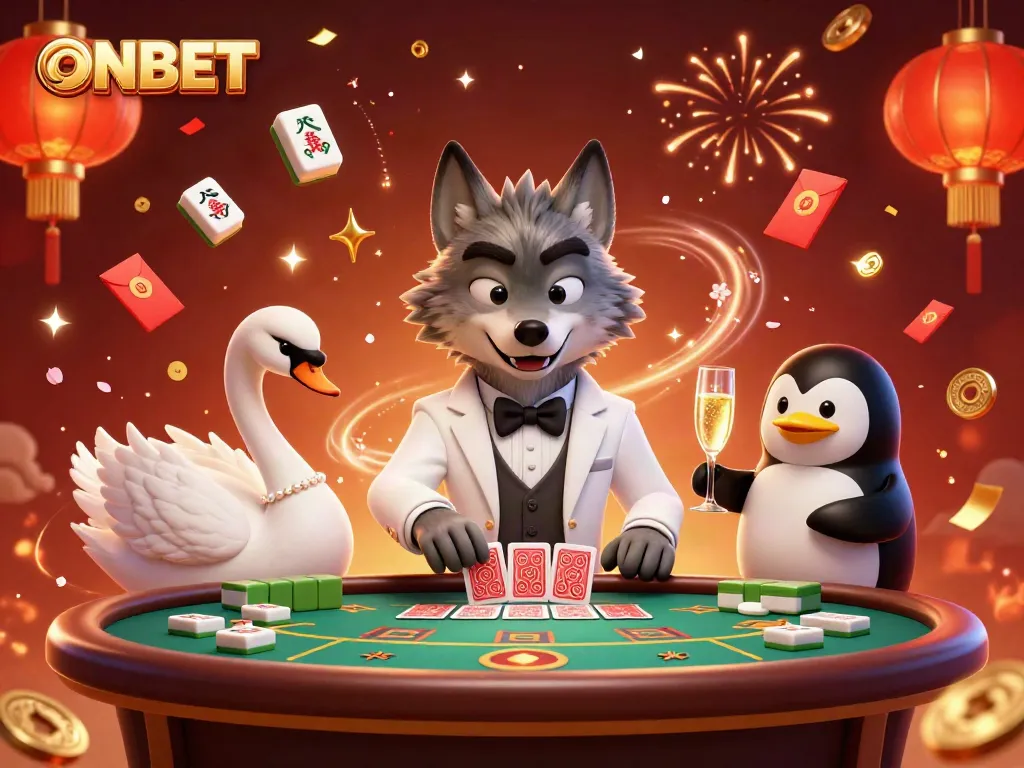 Experience the vibrant energy of ONBET with a debonair wolf and elegant characters in a lavish casino scene.