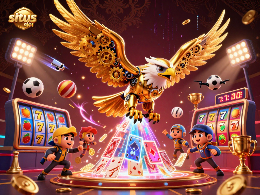 Experience thrilling situs slot action with a cybernetic eagle amidst holographic playing cards and dynamic game elements.