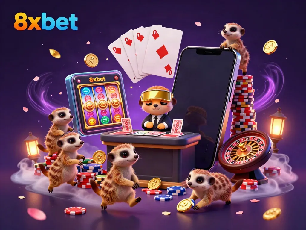 Experience the excitement at 8xbet with meerkats managing a vibrant casino operation amidst lush visuals.
