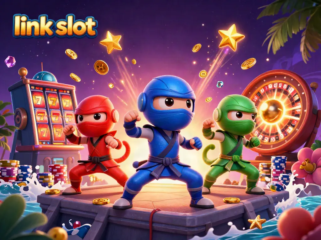 Experience thrilling gameplay with link slot in this vibrant 3D casino illustration, showcasing dynamic chameleon ninjas.