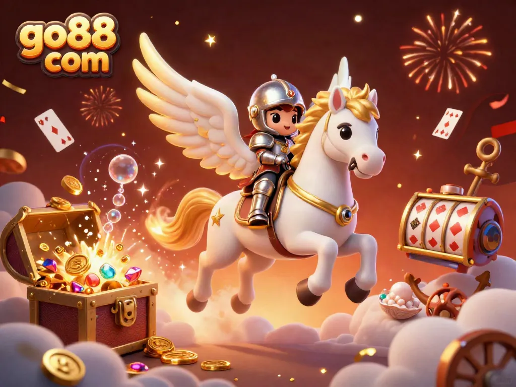 Experience the excitement of go88 com with a dynamic 3D illustration of a celestial horse racing through vibrant casino elements.