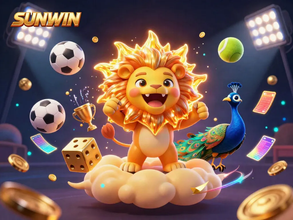 SUNWIN showcases a majestic lion and dazzling gaming elements in a vibrant casino atmosphere.