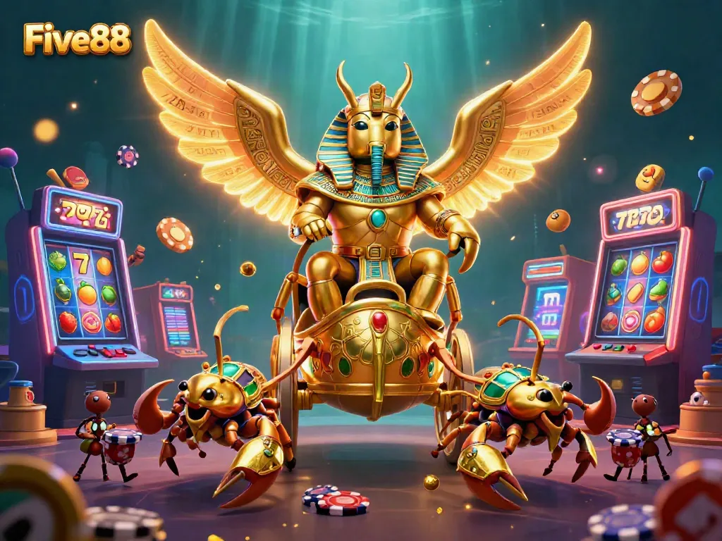 Engage with Five88's vibrant gaming universe featuring a golden scarab and radiant casino elements.
