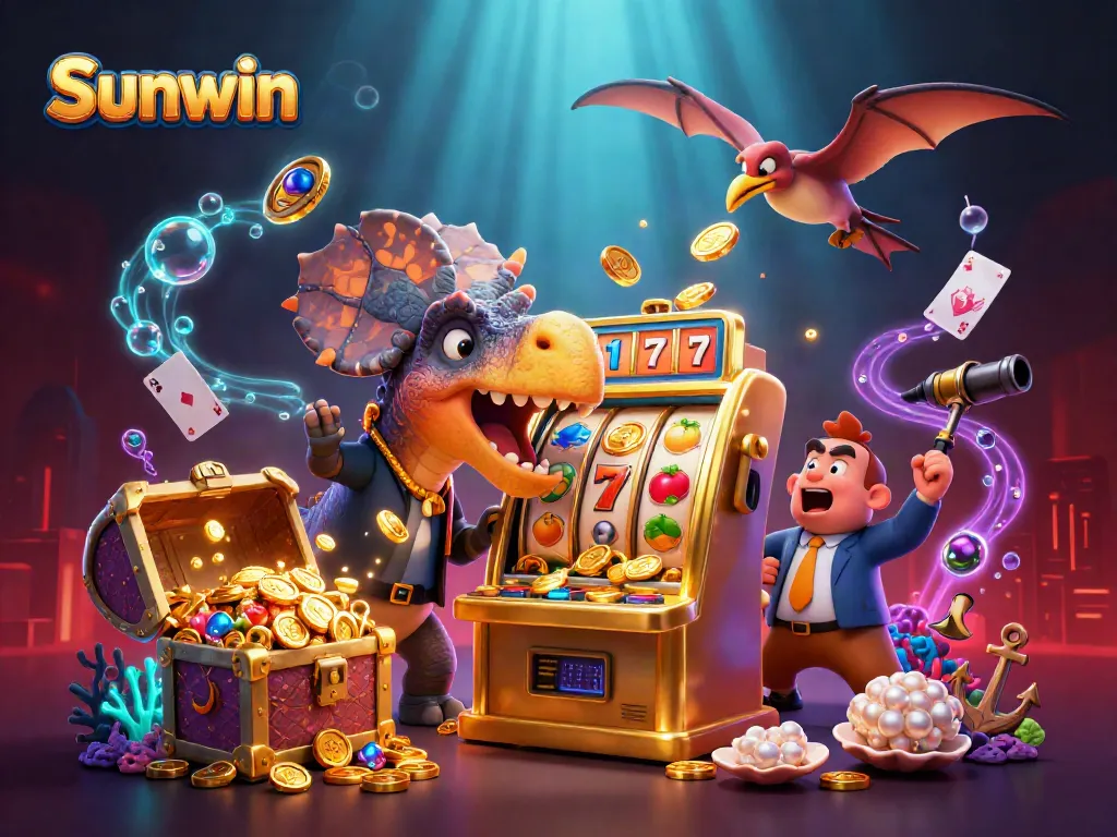 Experience thrill at Sunwin with a 3D pachycephalosaurus jackpot scene, slot machines, and soaring coins.