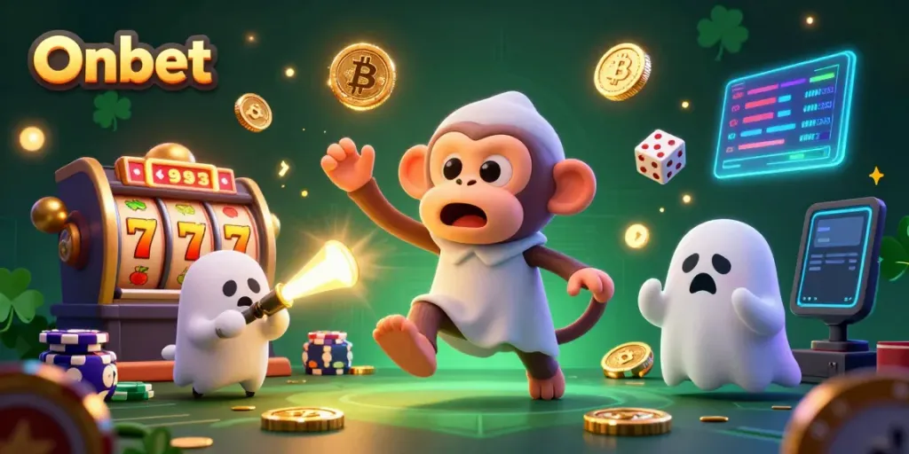 Experience the thrilling Onbet adventure with a playful ghost and golden goodies in a haunted casino.