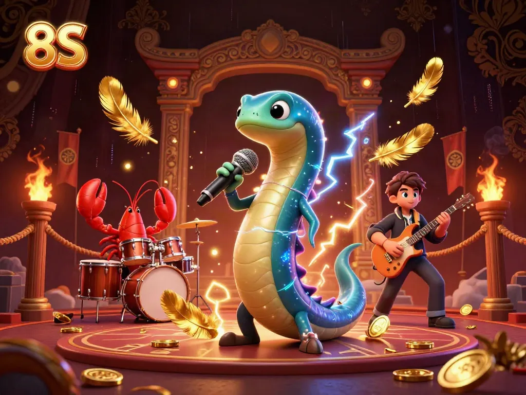 Experience the vibrant underwater casino performance by 8S featuring a DJ eel, lobster drummer, and seahorse guitarist.