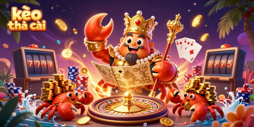 Experience kèo nhà cái with a vibrant 3D scene featuring a golden crab emperor and dynamic casino elements.