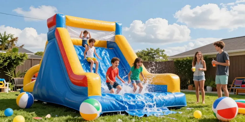 Children enjoying a fun water slide in a bright backyard setting.
