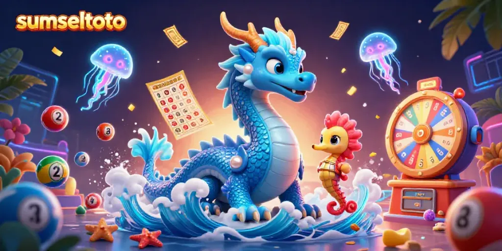 Experience thrilling sumseltoto action with an azure water dragon and colorful lottery elements.