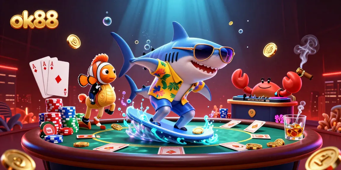 Play poker with the vibrant characters from ok88, featuring a shark and friends amid gold coins.