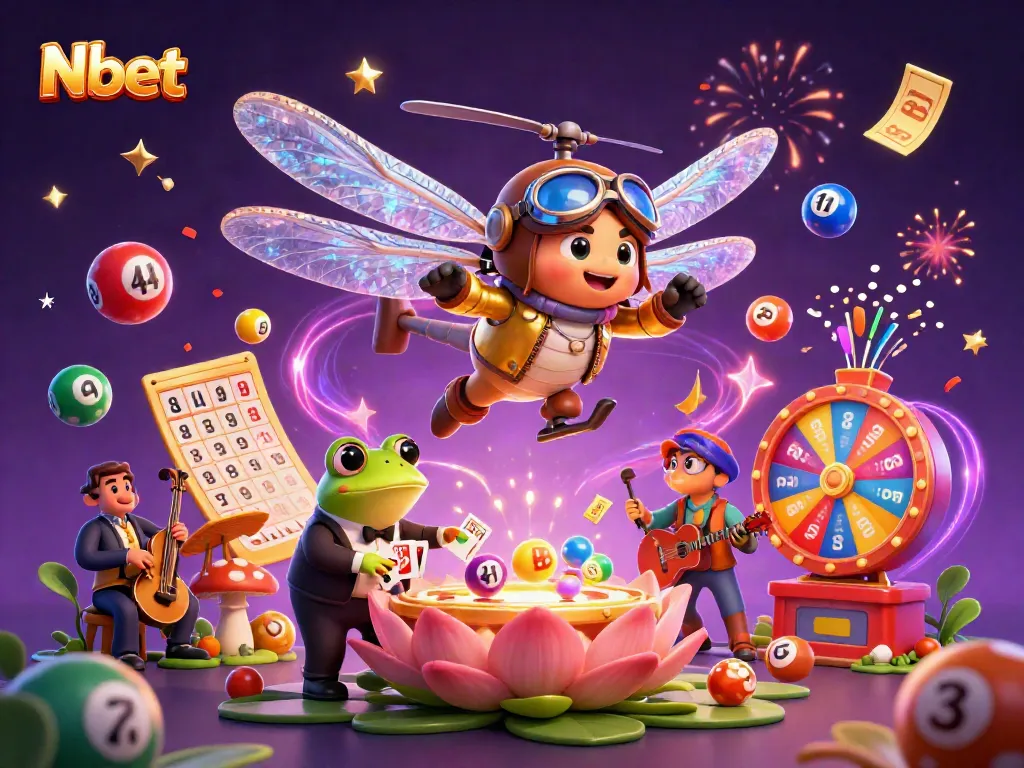 Enticing Nbet illustration featuring a dragonfly pilot and frog croupier in an engaging casino scene.